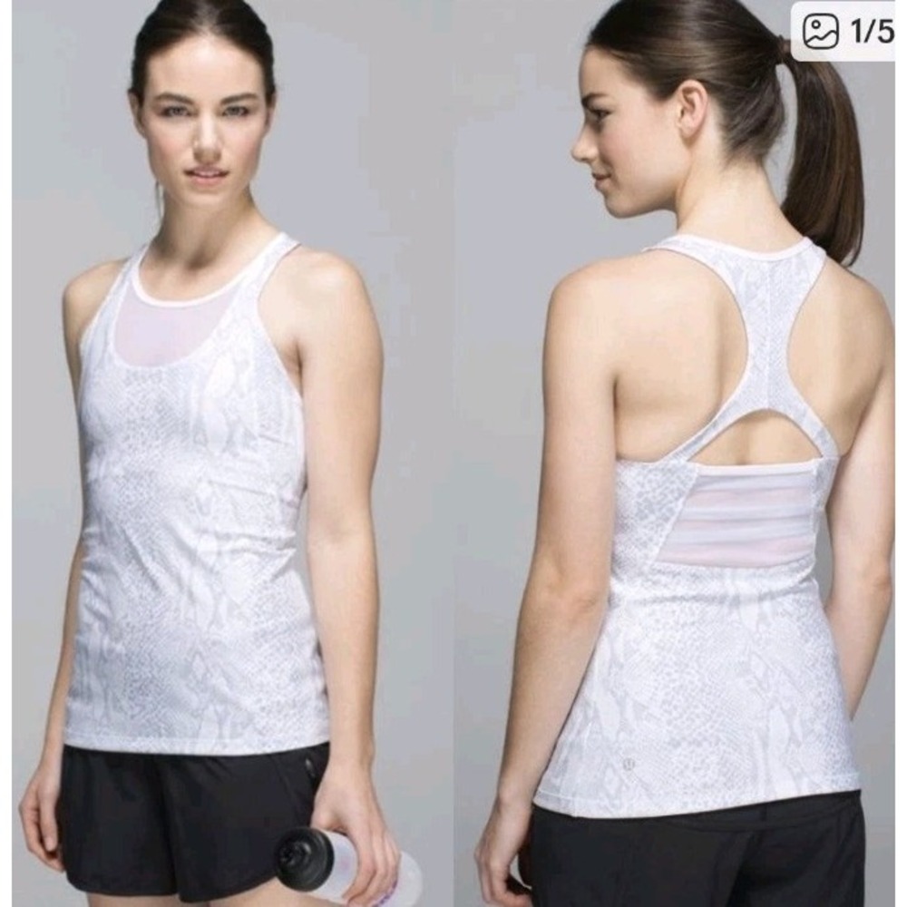 Lululemon White Gray Snake Print Tank Top Mesh Sz 6 Shelf‎ Bra Active Yoga EUC